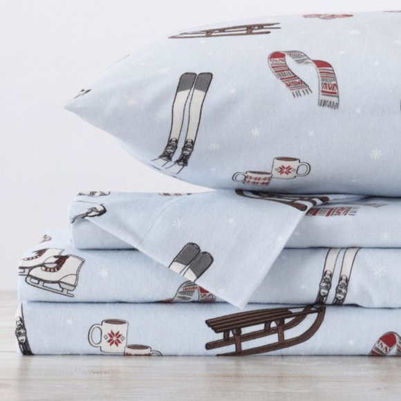 New 4 Piece Winter Fun Light Blue 100% Turkish Cotton Flannel Sheet Set • QUEEN - Picture 5 of 7